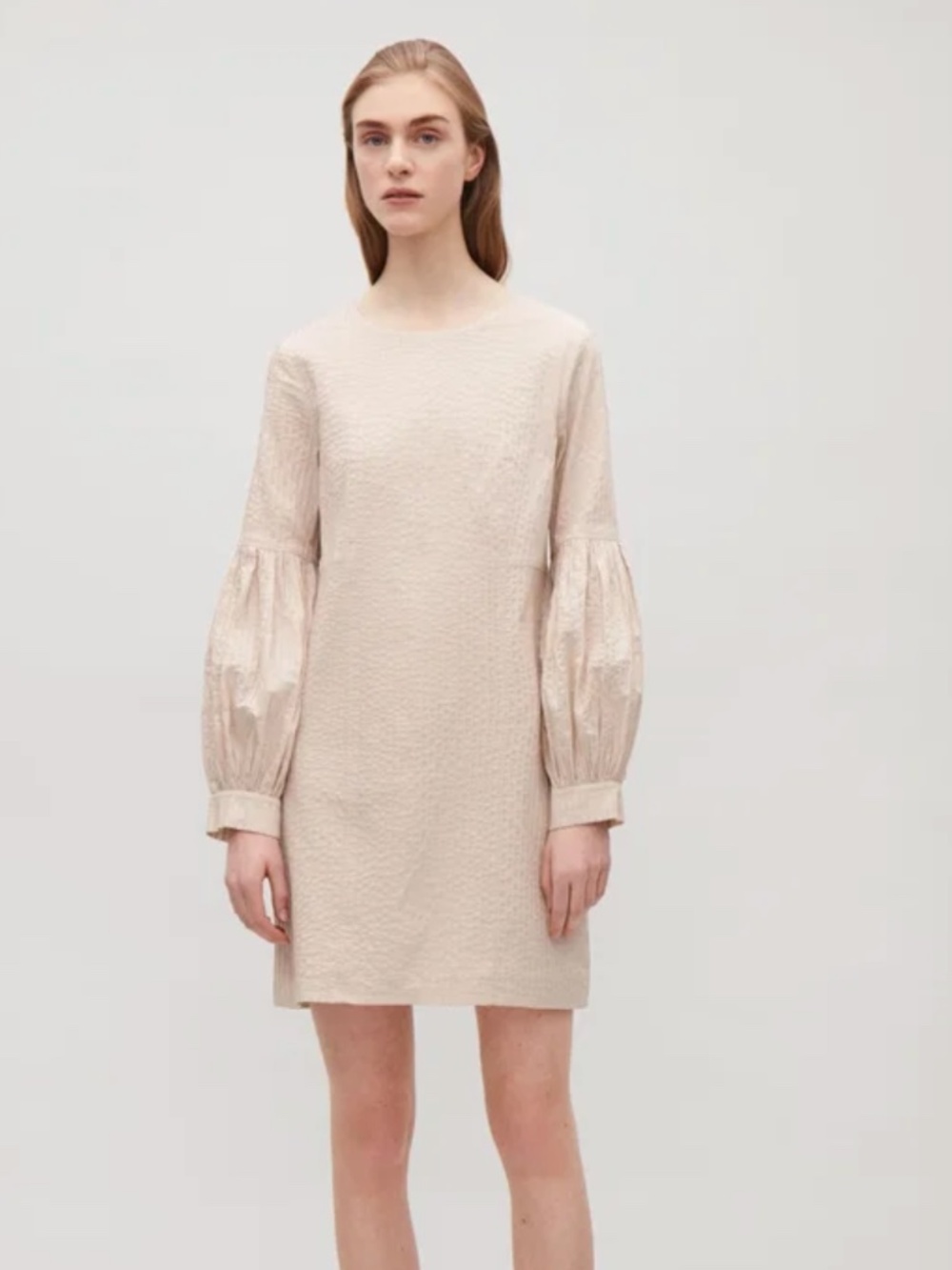 COS Pintuck Textured Cotton Balloon Sleeve Shift Dress Size 6 cream beige